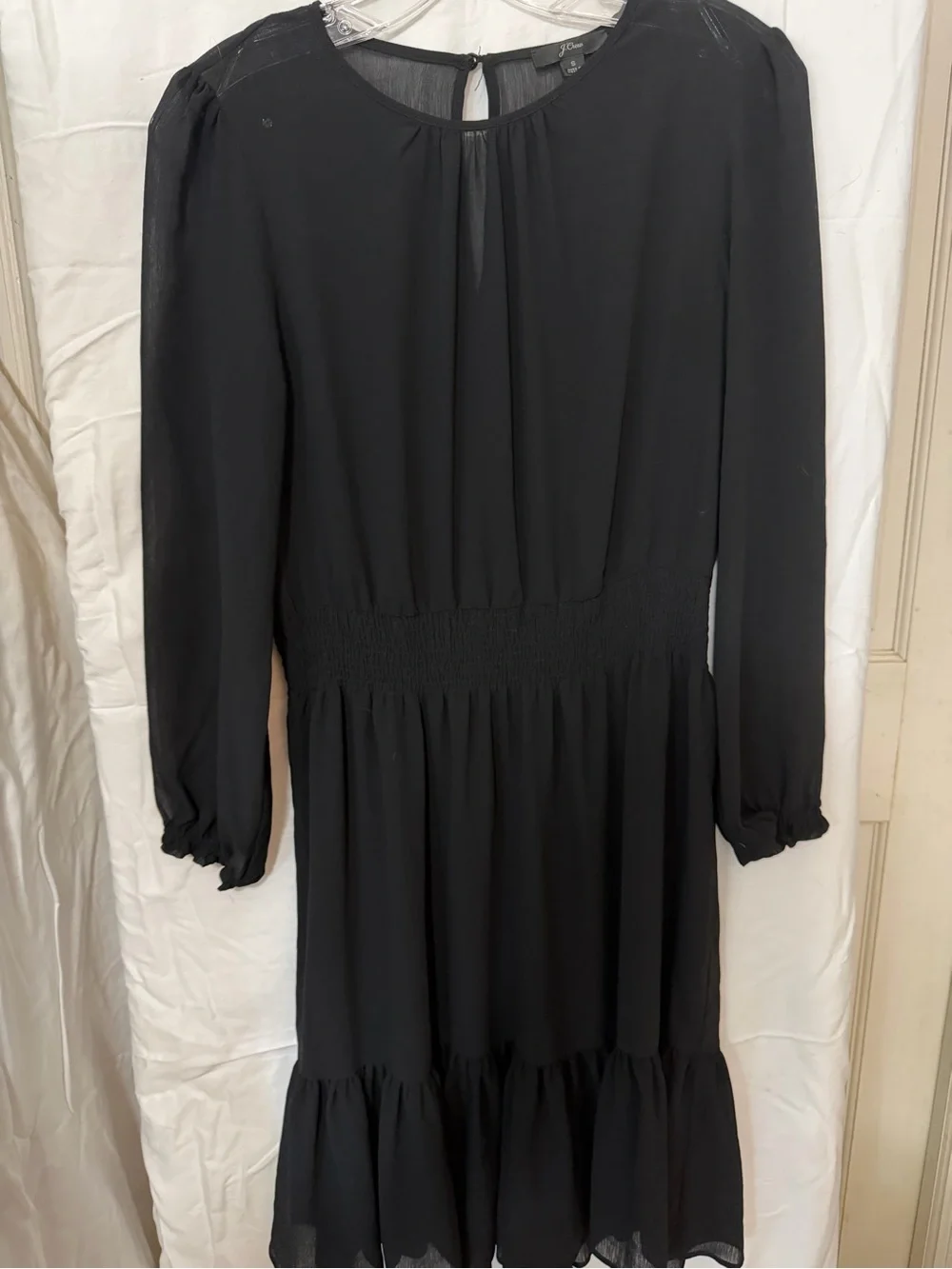J. Crew Black Long-Sleeve Midi Dress with Smocked Waist
